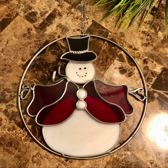 Vintage Stained Glass Snowman Sun Catcher Christmas Holiday Window Ornament